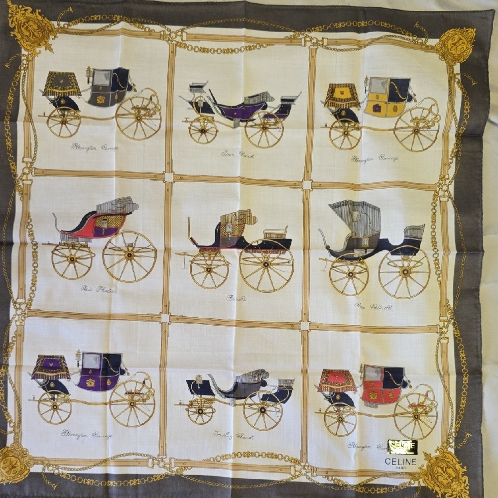 Vintage Celine Royal Carriage Motif Silk Scarf in Gold and Gray. 100% Silk Twill